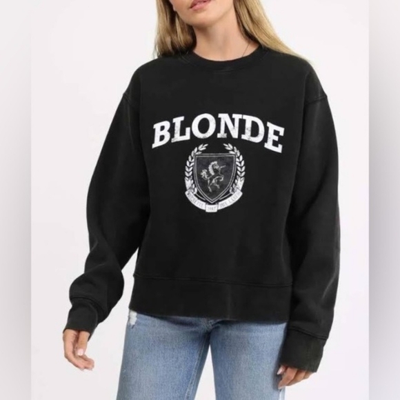 BRUNETTE The Label "BLONDE" Distressed Varsity Sweatshirt - Picture 1 of 5